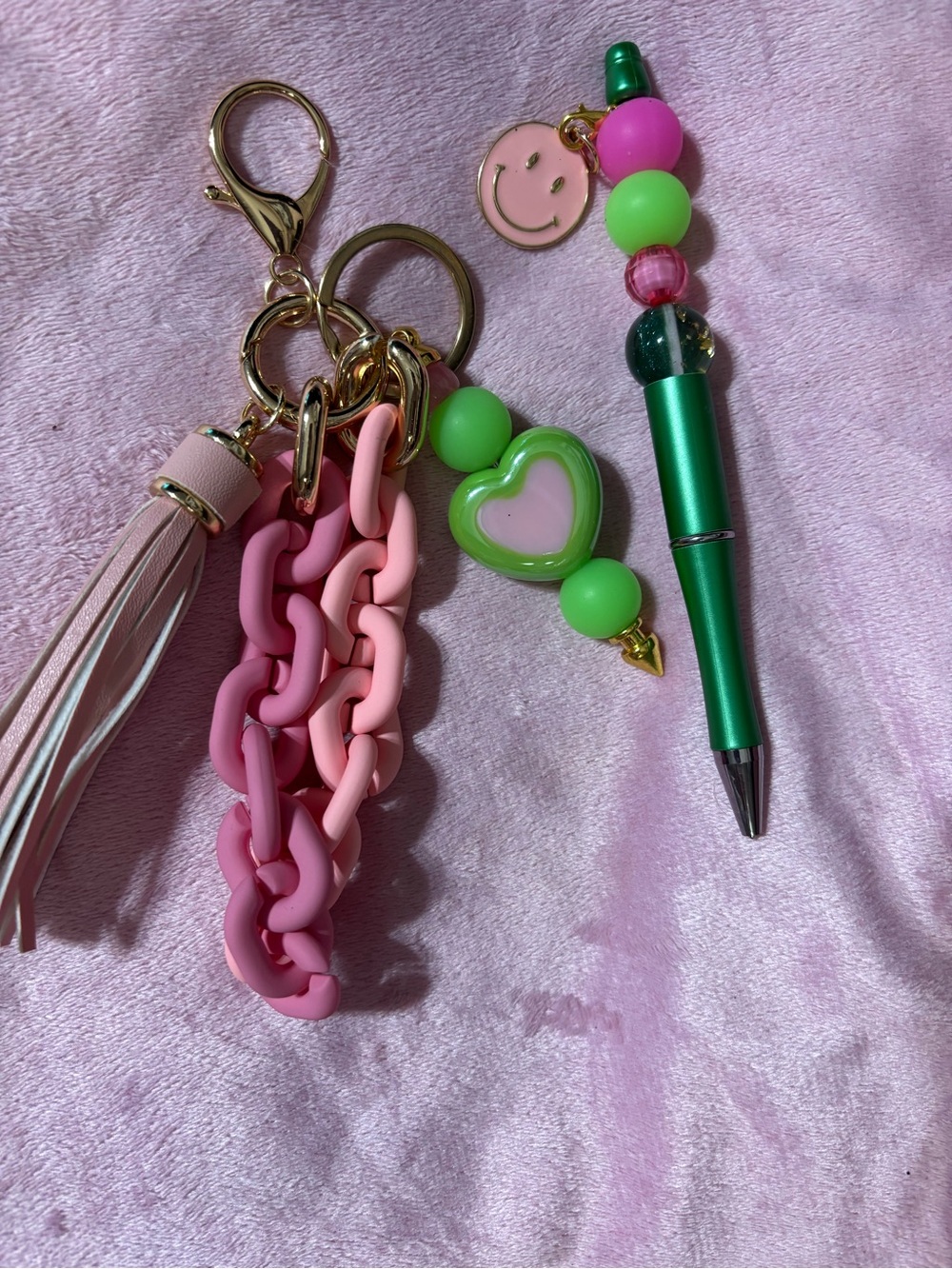 Pink Chain & Tassel Heart Keychain with Green Beaded Pen Face Charm
